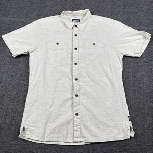 Patagonia Shirt Mens Medium Beige Organic Cotton Short Sleeve Button Up Hike